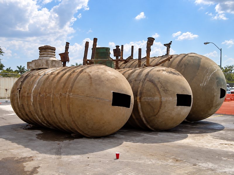 Three rusted underground tanks on the ground