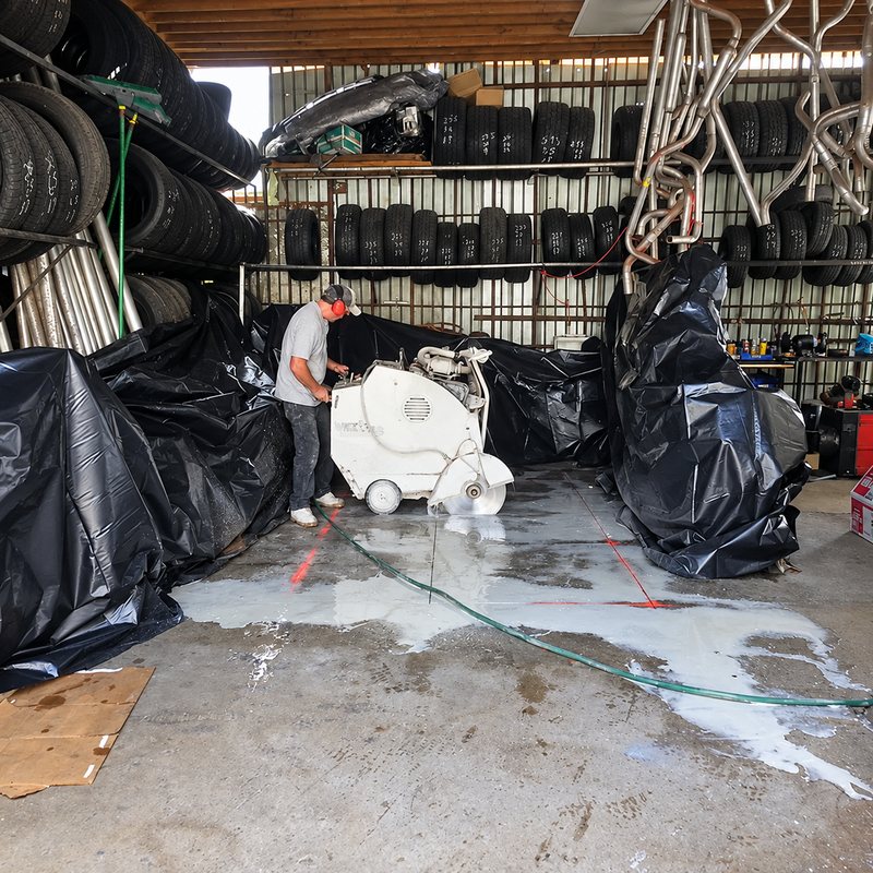 Worker cutting a concrete floor inside a building