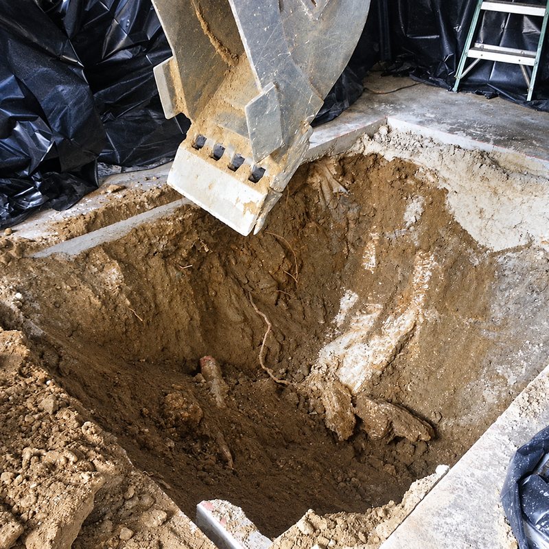 Excavator bucket digging through a floor opening