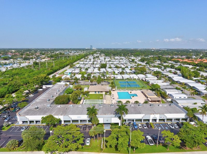 Aerial view of the office building and neighborhood